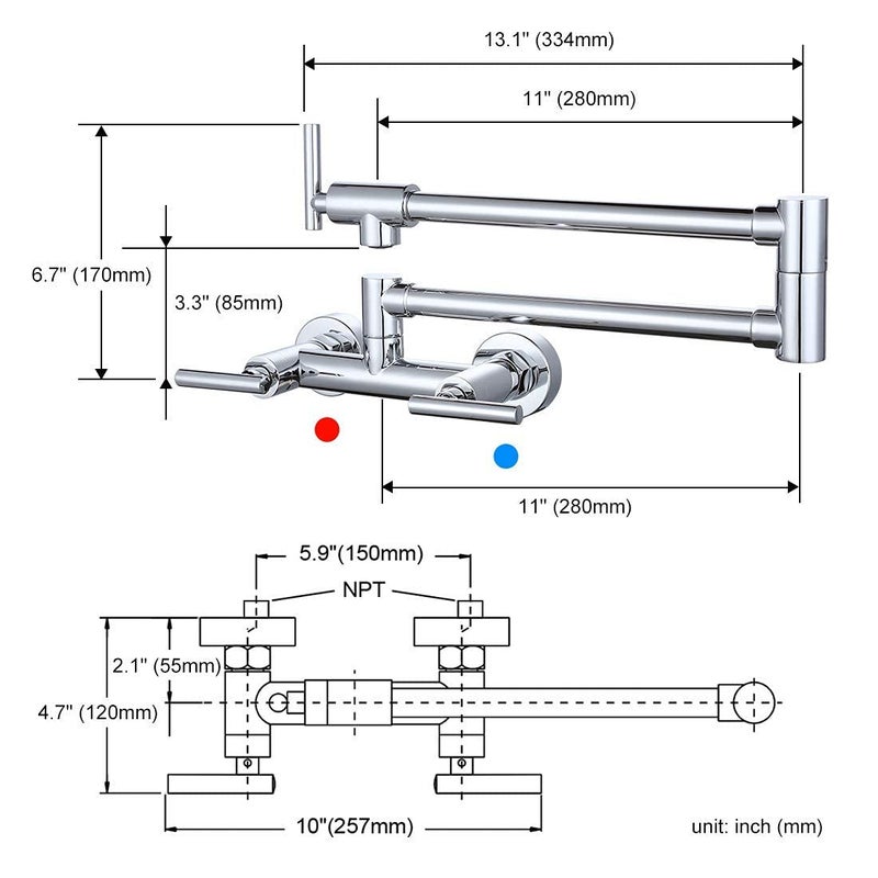 WOWOW Chrome Pot Filler Faucet for Hot and Cold Water, Solid Brass Pot Filler Wall Mounted Kitchen Folding Faucet Over Stove, Modern Style - Image 4